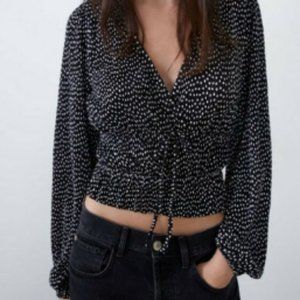 ZARA Plisse Pleated Polka Dot Long Sleeve Blouse